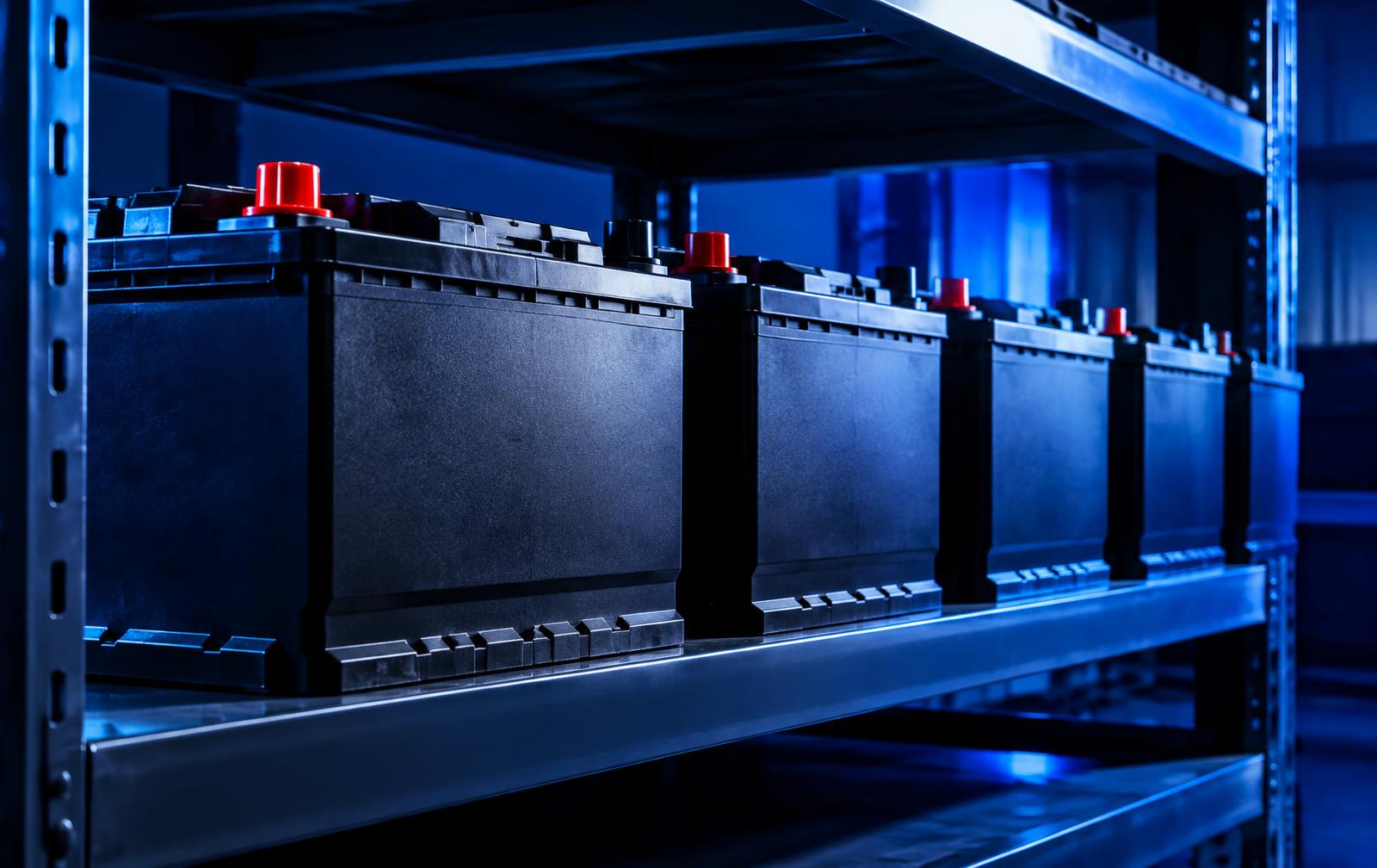 Car batteries on a warehouse shelf